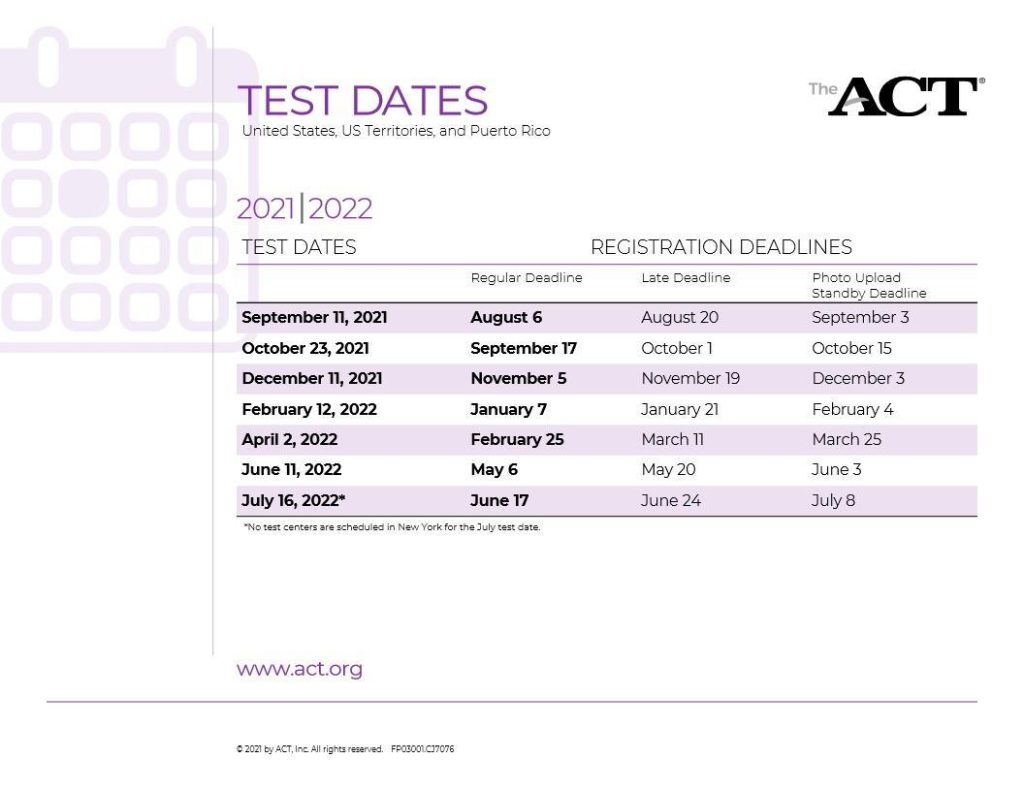 ACT Test Date Schedule National 2021 202211 1